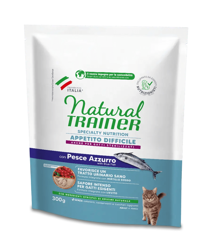 Alimento secco Natural Trainer Appetito Difficile 300 g con pesce azzurro per gatti adulti avanti Alimento secco Natural Trainer Appetito Difficile 300 g con pesce azzurro per gatti adulti avanti